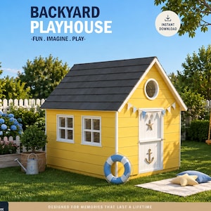 Planos para casitas de juegos infantiles, planos paso a paso para casitas de juegos estilo granero, ¡hágalo usted mismo con los archivos digitales descargables!