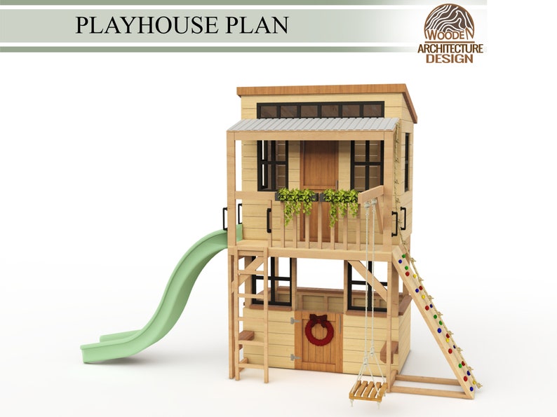 Playhouse Build Plans for Kids, 2-storey Playhouse with climbing wall, slide and swing , Do It Yourself with Digital downloads image 4
