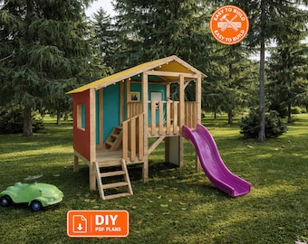 Wooden Outdoor Playhouse with Slide – Modern Backyard Kids Play Structure | Instant download