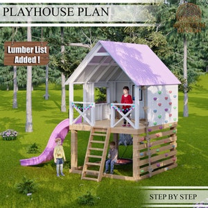 Playhouse Build Plans for Kids, Garden Playhouse with climbing wall, and slide  , Do It Yourself with Digital downloads