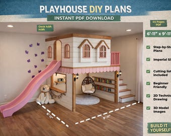 Indoor Wooden Playhouse Plan: DIY Loft with Slide | Reading corner (PDF Instructions)