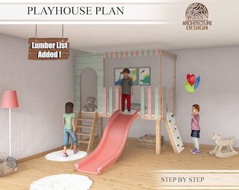 Indoor Playhouse Plans for Kids, Wooden playhouse with reading corner, Step by Step plan, DIY with Digital Download