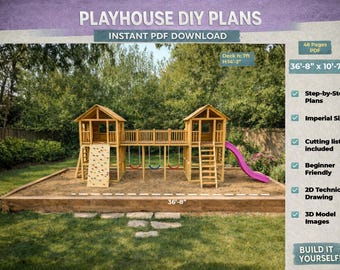 DIY Wooden Playhouse Plans with Bridge, Swings & Slide – Backyard Playground PDF Download