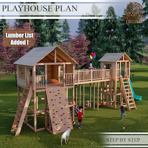 Playhouse Plans for Kids, Two Tower Playhouse with bridge, Step by Step, Do it Yourself with the  Digital Downloading Files