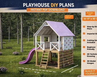 DIY Kids Playhouse Plans with Slide | Backyard Wooden Treehouse PDF | Step-by-Step Playhouse Building Guide
