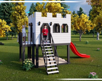 Castle Playhouse Build Plans for Kids, White Castle with slide and balcony, With slide and swing Do It Yourself with Digital downloads