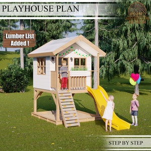 Playhouse Build Plans for Kids, 2-storey Playhouse with climbing wall, and slide  , Do It Yourself with Digital downloads