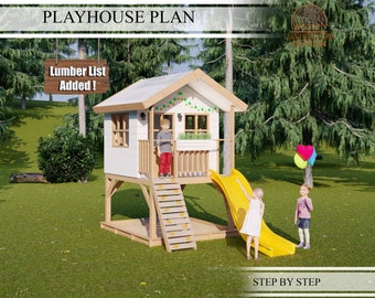 Spielhaus-Baupläne für Kinder, 2-stöckiges Spielhaus mit Kletterwand und Rutsche, Do It Yourself mit digitalen Downloads