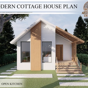 Plano de casa de campo moderna, plano de casa de 2 dormitorios y 2 baños, 1377 pies cuadrados (25&#39;-8&#39;&#39; x 58&#39;-11&#39;&#39;) 128 m2 (7,8 m x 18 m)