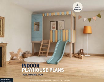 Indoor Playhouse Plans for Kids, Wooden playhouse with reading corner, Step by Step plan, DIY with Digital Download