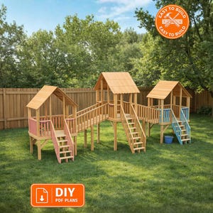 Playhouse Plans PDF | Large Wooden Backyard Playset with 3 Towers | Instant Download