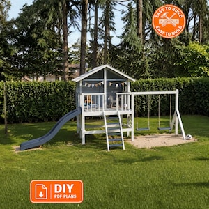 Planos de casita de juegos DIY con tobogán y columpios / Planos de patio infantil / Descarga instantánea en PDF