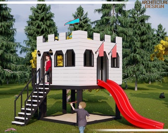 Castle Playhouse Build Plans for Kids, White Castle With Slide and
