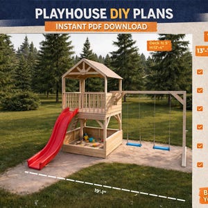 Plany drewnianego domku do zabawy ze zjeżdżalnią i huśtawkami | Plac zabaw dla dzieci w ogrodzie | Instrukcja krok po kroku w formacie PDF