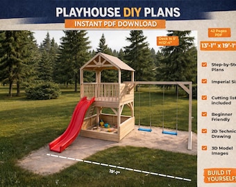 Planos de casa de juegos de madera DIY con tobogán y columpios / Parque infantil en el patio trasero / PDF paso a paso