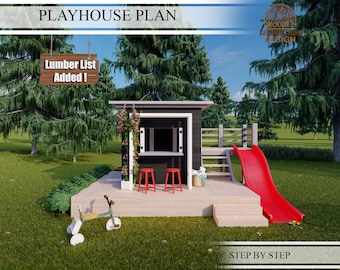 Playhouse Build Plans for Kids, Modern Playhouse Plan with slide and deck, Do It Yourself with Digital downloads