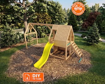 DIY Wooden Playhouse Plans with Slide and Swings | Step-by-Step PDF | Digital download