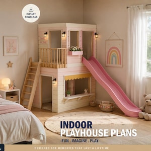 Indoor Playhouse Plans for Kids, Wooden playhouse with reading corner and slide, Step by Step plan, DIY with Digital Download