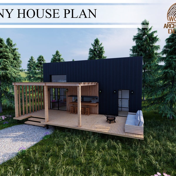 2 Bedroom 1 Bathroom Tiny House Plan, 385.34 sq.ft (31'-1"x 9'-10") / 35.8 sq.mt (9.5m x 3.0m) Architectural technical drawing