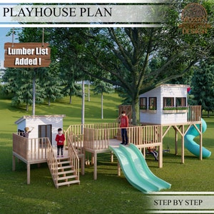 Playhouse Plans for Kids, three Deck Playhouse with 2 shed, Step by Step, Do it Yourself with the  Digital Downloading Files