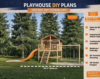 DIY Spielhaus-Pläne mit Rutsche und Schaukeln | Kinder Hinterhof Spielplatz Pläne | Sofort PDF Download