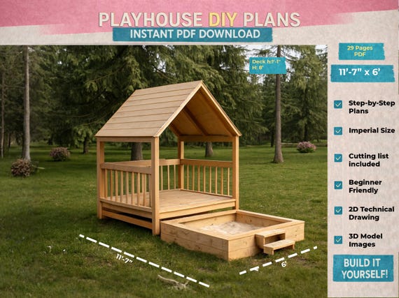 DIY屋外プレイハウスとサンドボックスプラン、裏庭の子供用遊具木工PDF