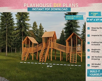 DIY Playhouse Plans PDF | Large Wooden Backyard Playset with 3 Towers | Instant Download