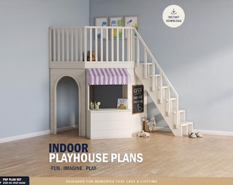 Indoor Wooden Playhouse Plan for kids | Montessori market stand | DIY Loft Design for Kids | Step-by-Step PDF Building Instructions