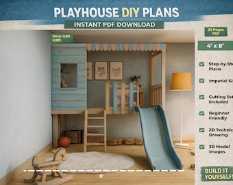Indoor Playhouse Plans for Kids: DIY Wooden Playhouse with Reading Corner (Digital Download)