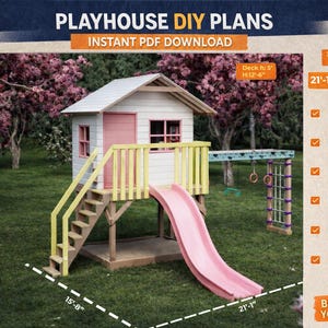 Plany podwyższonego domku do zabawy ze zjeżdżalnią i huśtawką | Instrukcja krok po kroku (PDF)