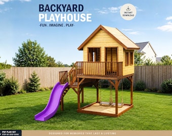 May include: A wooden backyard playhouse with a yellow upper cabin, a purple slide, and a lower sandbox area with two swings. The text reads BACKYARD PLAYHOUSE -FUN. IMAGINE. PLAY- and PDF PLAN SET STEP-BY-STEP GUIDE and INSTANT DOWNLOAD.