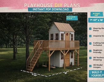 Verhoogd speelhuis DIY-plannen – achtertuin kinderboomhut pdf, stapsgewijze blauwdruk houten speelhuisje, direct downloaden