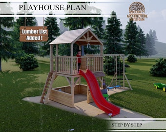 Playhouse Build Plans for Kids, Playhouse with monkey bar, slide, swing and lemonade stand, Do It Yourself with Digital downloads