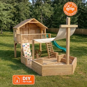 Pirate Ship Playhouse DIY Plans | Outdoor Wooden Play Structure with Climbing Wall and Slide