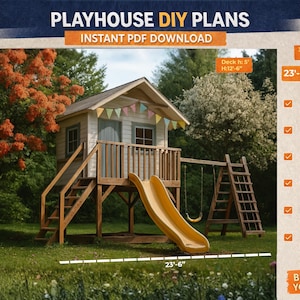 Projekty podwyższonego domku do zabawy ze zjeżdżalnią i tarasem | Domek na drzewie dla dzieci w ogrodzie (PDF)