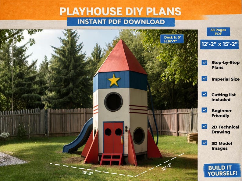 Rocket Playhouse DIY Plans With Slide – Wooden Spaceship PDF, Step-by ...
