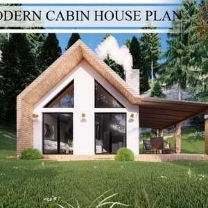 Pianta moderna della casa nella foresta, planimetrie della casa con 1 camera da letto e 1 bagno, 496,21 piedi quadrati (39'-4'' x 17'-8''(, 46,1 mq (12,0 mx 5,4 m), download digitale
