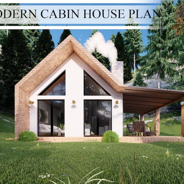 Modern Forest House Plan, 1 Bedroom 1 Bathroom house plans,  496.21 sq.ft (39'-4'' x 17'-8''( , 46.1 sq.mt (12.0m x 5.4m) , Digital Download