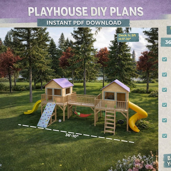 Zwei Turm Spielhaus Pläne mit Brücke | Kinder Fort aus Holz PDF | Rutschen & Kletterwand