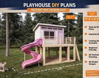 Planos de casa de juegos elevada con tobogán para niños (DIY) / Casa del árbol para niños en el patio trasero (PDF) / Construcción DIY paso a paso