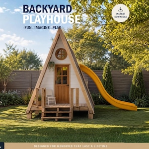 Planos para casitas de juegos infantiles, casita tipo cabaña con estructura en A y tobogán, instrucciones paso a paso para armarla usted mismo con archivos digitales descargables.