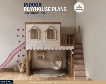Indoor Wooden Playhouse Plan with Slide | Montessori Reading corner | DIY Loft Design for Kids | Step-by-Step PDF Building Instructions