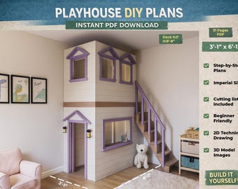 Indoor Wooden Playhouse Plan: DIY Loft with stairs (PDF Instructions)