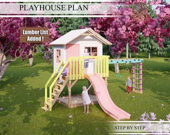 Playhouse Plans for Kids, Monkey Bar Playhouse with slide, Step by Step, Do it Yourself with the  Digital Downloading Files