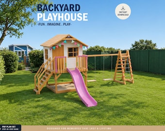 Playhouse Plans for Kids, Wooden Deck Treehouse with slide and swing set, Do It Yourself with Digital downloads