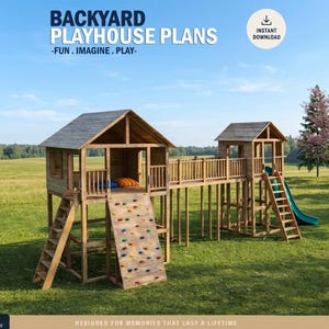 Playhouse Plans for Kids, Two Tower Playhouse with bridge, Step by Step, Do it Yourself with the Digital Downloading Files