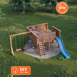 DIY Playhouse Plans with Slide and Swings | Backyard Kids Playground | Wooden Treehouse Deck |