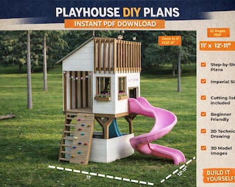 Planos de casita de juegos para niños con tobogán y balcón / Casita de juegos moderna para el patio trasero