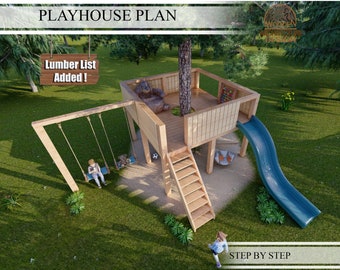 Plans de construction de maison de jeu pour enfants, cabane dans les arbres avec grande terrasse, avec toboggan, balançoire et mur d'escalade, à faire soi-même avec téléchargements numériques