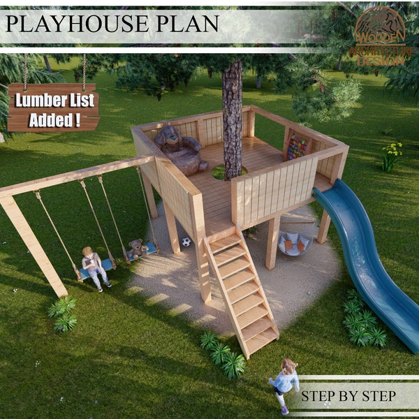 Playhouse Build Plans for Kids, Treehouse with Large deck, With slide, swing and climbing wall, Do It Yourself with Digital downloads